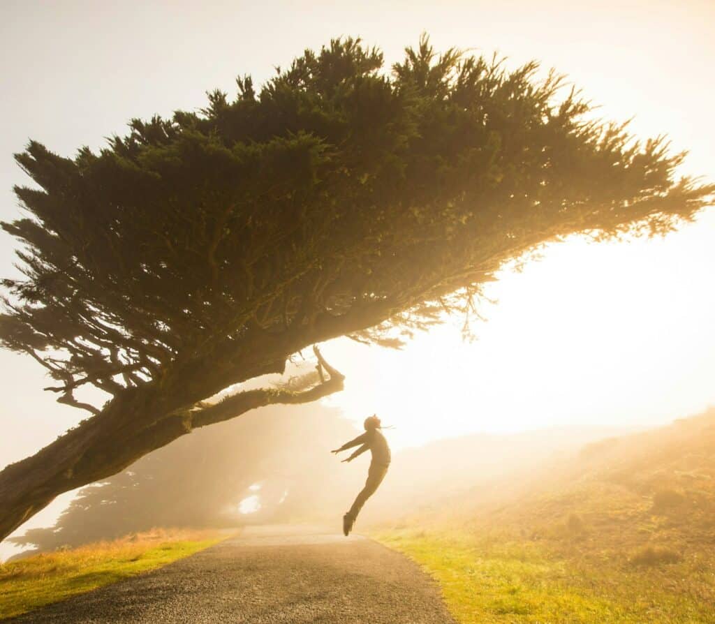 Concept of free spirit, spirituality, person jumping and being one with nature against the sunlight